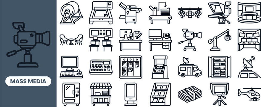 Mass Media Studio and Equipment outline icon set. Featuring boom mic, video camera, lighting rig, control mixer, and teleprompter symbols. Editable stroke icons for media studio and content platform.