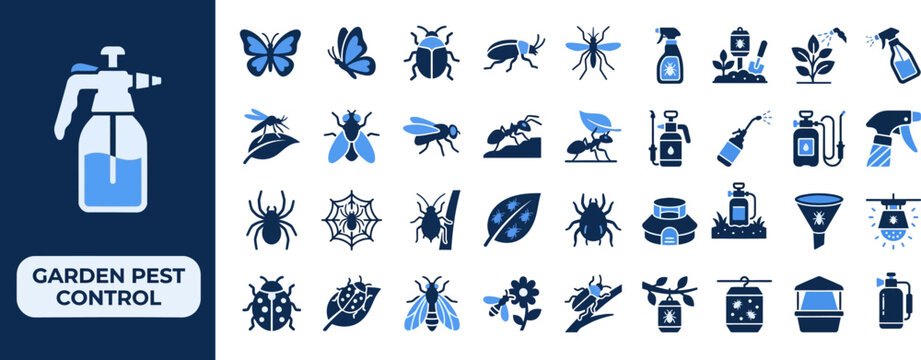 Garden Pest and Insect flat icon set. Featuring butterfly, spider, beetle, sprayer bottle, and ant colony symbols. Editable stroke vector icons for exterminator and gardening service.