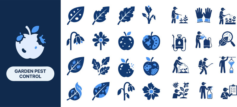 Garden Pest and Plant flat icon set. Featuring crop bug, leaf mildew, aphid colony, fungus spot, and weed sprout symbols. Editable stroke vector icons for gardening and pest control app.