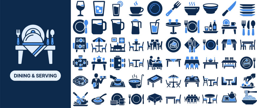 Dining and Tableware flat icon set. Featuring dinner plate, wine glass, cutlery set, table napkin, and serving tray symbols. Editable stroke vector icons for restaurant menu and catering.