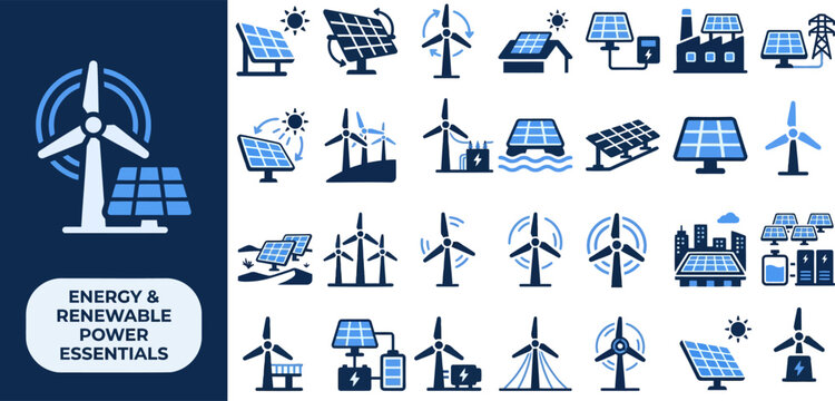 Energy and Renewable flat icon set. Featuring solar farm, wind mill, hydro dam, geothermal vent, and biomass plant symbols. Editable stroke vector icons for clean tech and ESG report.