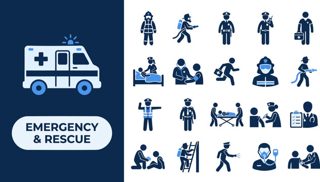 Emergency Rescue Responder flat icon set. Featuring ambulance, paramedic, stretcher, oxygen mask, and emergency kit symbols. Editable stroke vector icons for hospital and rescue service.