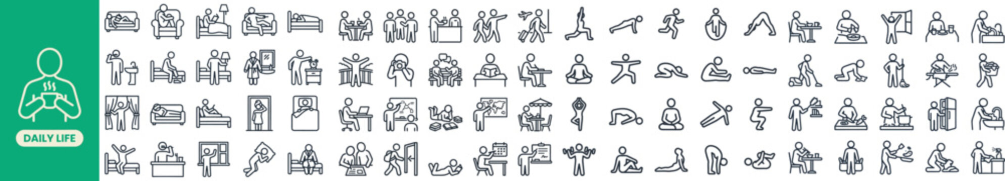 Daily Routine Productivity flat icon set. Featuring morning alarm, work desk, lunch break, exercise, and bedtime symbols. Editable stroke vector icons for lifestyle app and tracker.
