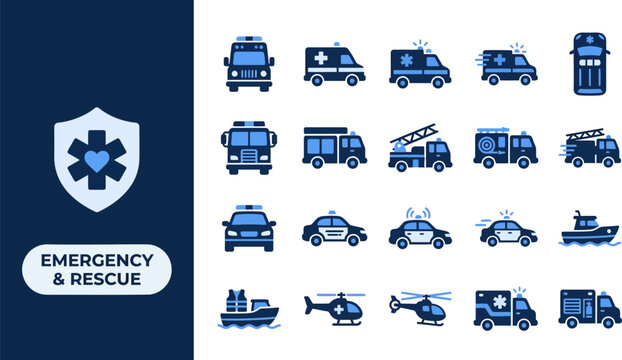 Emergency Vehicle and Transport flat icon set. Featuring ambulance van, fire truck, police car, helicopter, and lifeboat symbols. Editable stroke vector icons for emergency service and public safety.
