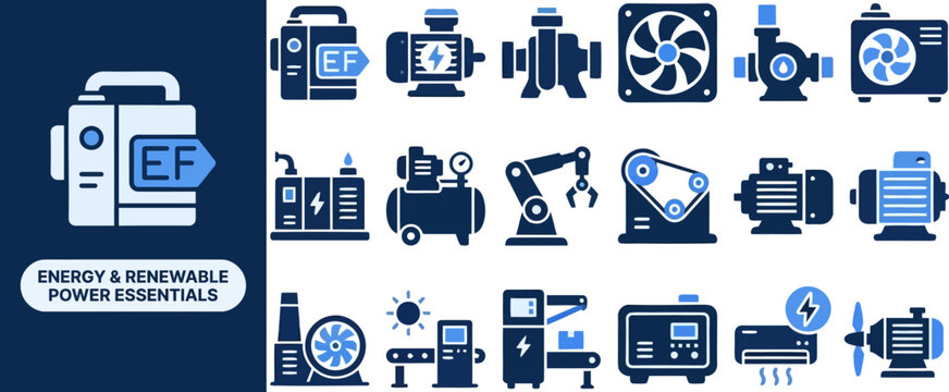 Power Equipment and Generator flat icon set. Featuring dynamo, compressor unit, alternator, gas engine, and battery cell symbols. Editable stroke vector icons for power supplier and catalog.