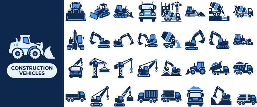 Construction Vehicle and Machinery flat icon set. Featuring bulldozer, excavator, dump truck, road roller, and concrete mixer symbols. Editable stroke icons for equipment dealer and infrastructure.