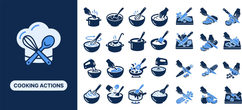 Cooking Method and Skill flat icon set. Featuring whisking bowl, rolling dough, stirring spoon, simmering pan, and grilling fork symbols. Editable stroke vector icons for cooking class and food blog.
