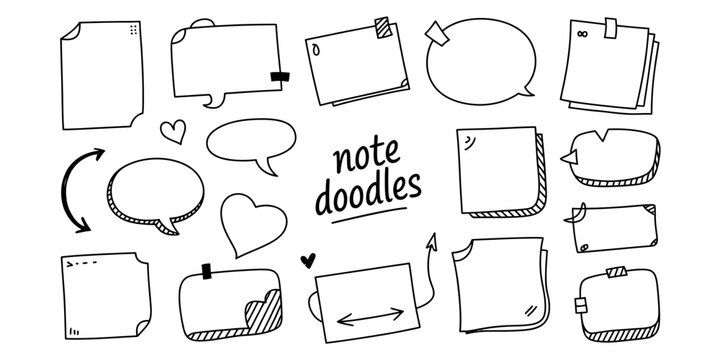 Set of hand drawn note doodles and speech bubbles for paper scrapbooks and creative bullet journal planner stickers in a simple black and white line art Vector, illustration