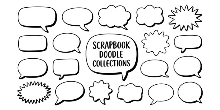 Set of hand drawn speech bubbles and thought clouds in various shapes for comic book design and scrapbook doodle collections with black outlines Vector, illustration