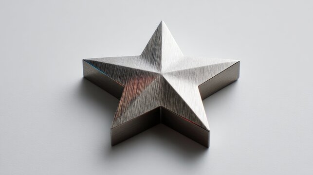 A metallic, five-pointed star with brushed texture casts a subtle shadow