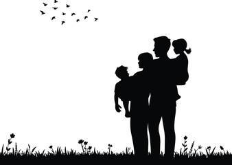 Naklejka premium Happy family with children standing in outdoor meadow field with flying birds and flowers cad drawing flat vector illustration pitch black solid silhouette.