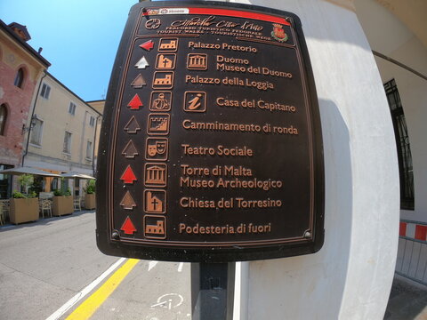 Cittadella / Italy -June 25, 2019: Cittadella tourist walks information sign. medieval walled city in the province of Padua, northern Italy, founded in the 13th century as a military outpost of Padua.