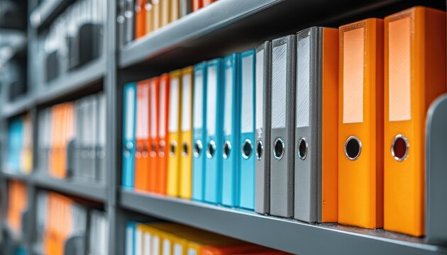 Colorful binders neatly organized on gray shelves in a storage space