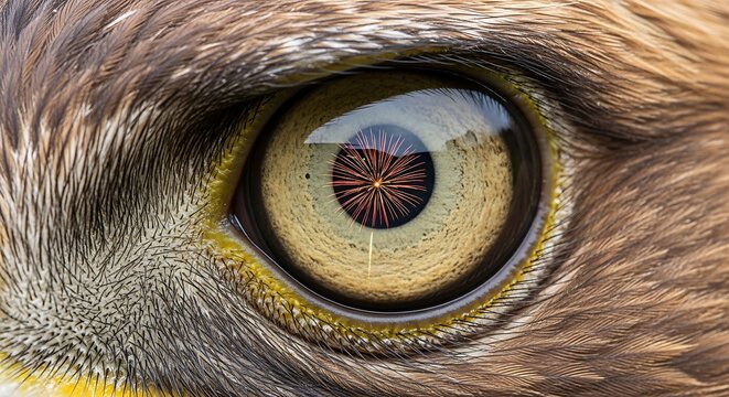 Extreme macro close-up of a sharp golden eagle eye reflecting fireworks