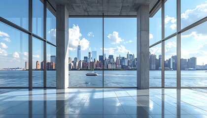 Fototapeta premium Modern office interior with large windows overlooking a city skyline and water, conveying spaciousness and a professional environment
