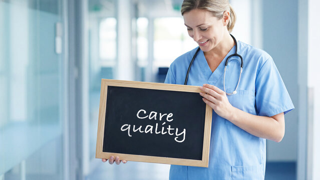 Healthcare professional nurse holding a chalkboard with care quality text in hospital corridor, medical staff assurance, healthcare service excellence and patient satisfaction concept