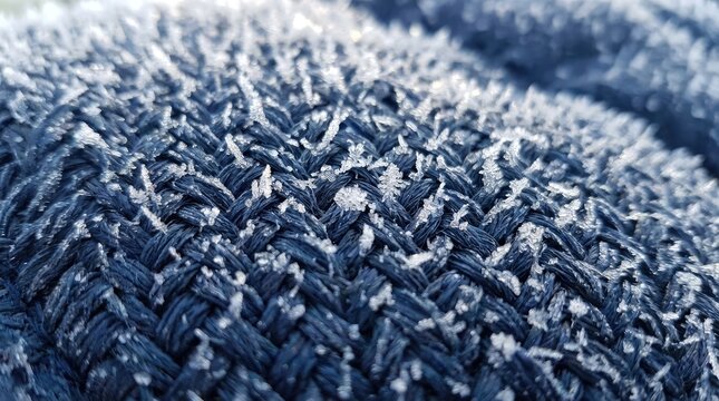 Mountain climber facing tall peak in cold weather concept. Close-up view of frosty woven fabric in winter light.