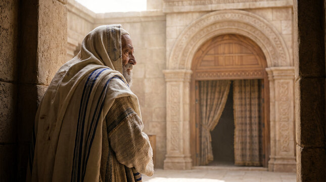 Biblical figure Simeon in spiritual vigil, medium shot, interior stone temple background. A hauntingly beautiful and spiritually resonant photorealistic biblical scene of Simeon in his lifelong patien