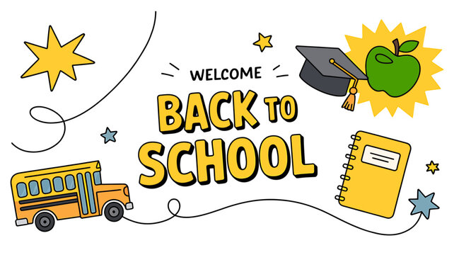 Colorful back to school illustration with school bus and graduation cap