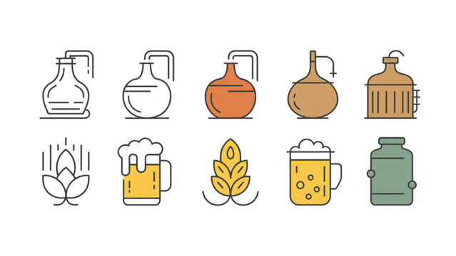 Set of sixteen flat design beverage and kitchen icons including coffee, tea, beer, and food items Vector