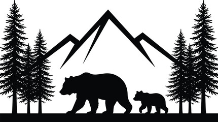 Bear Family Silhouette in Forest Mountain Landscape for Wildlife Nature Adventure and Outdoor Design Projects © Limon