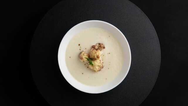 Creamy Cauliflower Soup in white bowl.Healthy food.Top view.