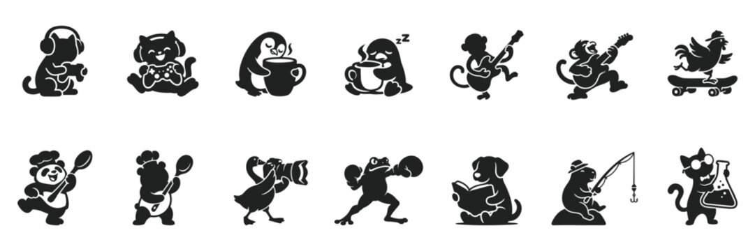 Funny Animal Silhouette Vector Set with Cute Cartoon Mascot Characters Playing Music Gaming Reading Fishing and Skateboarding for Sticker Logo T Shirt Clipart Design EPS
