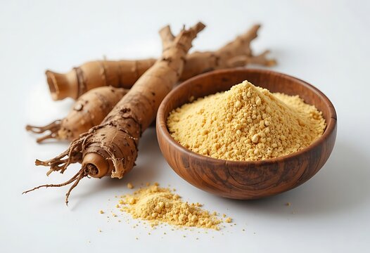 Fresh ginseng roots and a small wooden bowl filled with healthy herbal powder for natural wellness. galangal powder