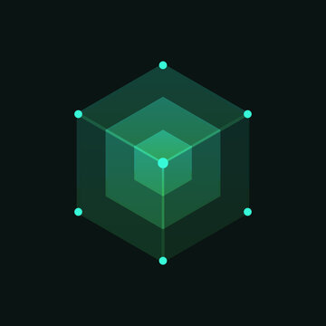 Abstract glowing green isometric tesseract hypercube representing a complex digital data structure on dark background.