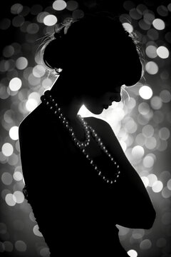 Artistic silhouette of woman with pearl necklace against black and white bokeh lights, elegant and mysterious. Fashion, glamour, silhouette portrait, elegance, monochrome.