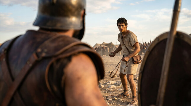 David facing Goliath, tense moment with sling, battle backdrop. Goliath in the foreground, rear view, standing before David, while David, the future king, a beautiful young man, , faces him holding a 