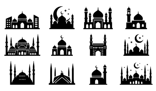 Bold black silhouette Ramadan mosque vector icon set with Islamic crescent moon and minaret skyline shapesramadan, eid, mosque, masjid, silhouette, bold, black, white, icon, set, collection, vector, i