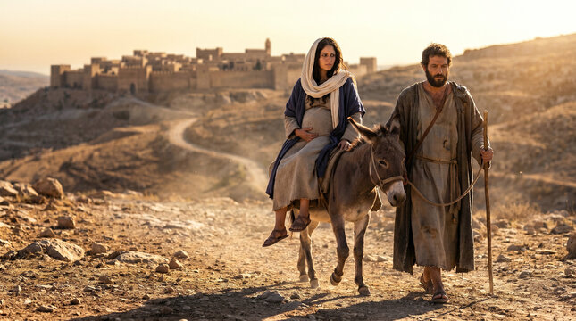 Mary and Joseph on the journey to Bethlehem, biblical scene, pregnant Virgin Mary riding donkey, arid hills