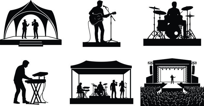 Live Music Concert Stage Silhouettes with Band Performers and Audience Vector Illustration Collection