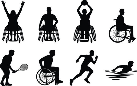 Paralympic athletes and disabled sports silhouette set, wheelchair basketball tennis swimming running, pitch black solid silhouette cad drawing flat illustration.