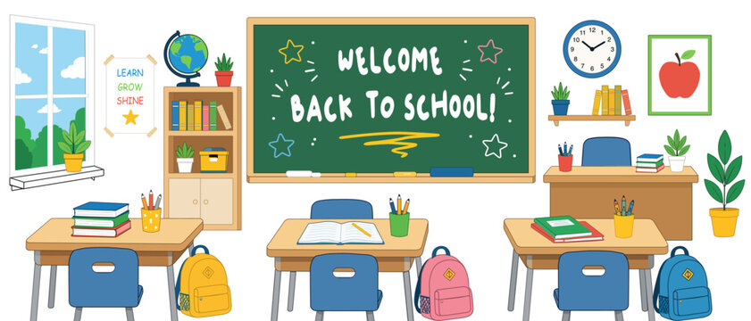 Cute Classroom Scene Back to School Vector Illustration