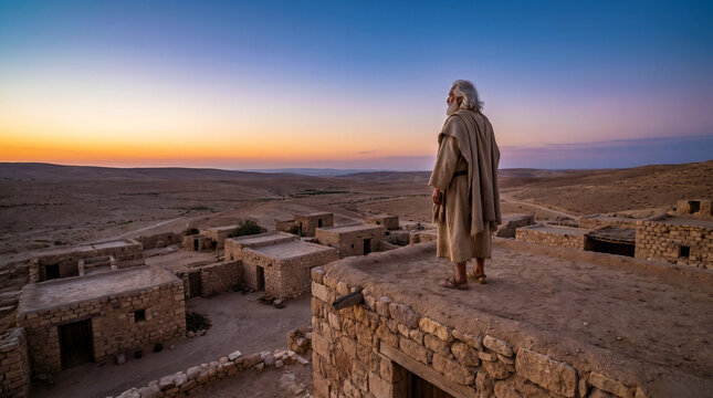 Prophet Isaiah contemplating at twilight on Judean rooftop