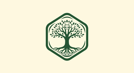 Naklejka premium Stylized tree of life logo with roots and branches inside a hexagon.