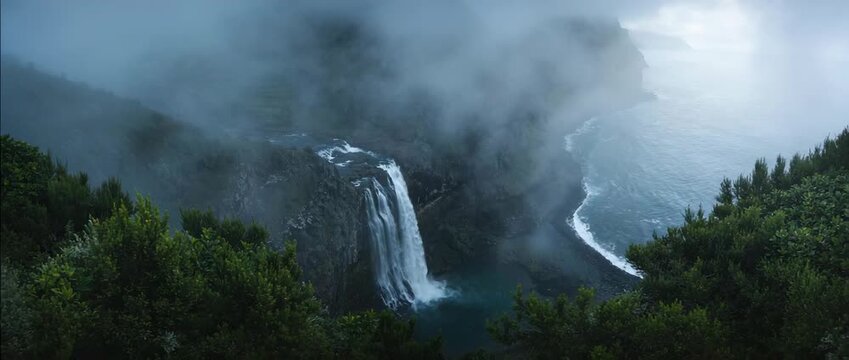 aerial view of cascata do po&ccedil;o do bacalhau waterfall in faj&atilde; grande, flores island, azores portugal morning fog landscap video