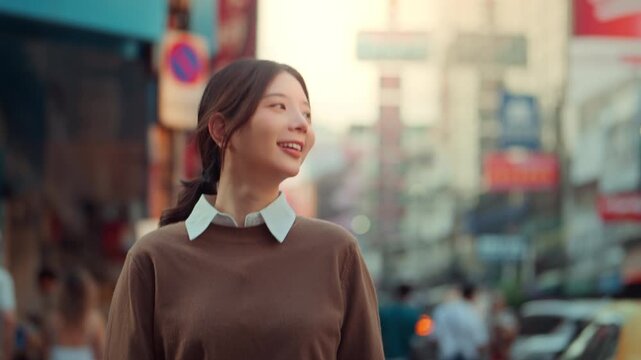 Happy young Asian woman walking on chinatown Yaowarat street looking away with smile cheerful female traveler exploring local city market in evening solo travel vacation journey and urban lifestyle