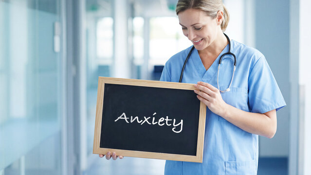 Female healthcare professional nurse holding blackboard with anxiety text in hospital corridor smiling, mental health awareness anxiety management care, emotional wellness medical concept