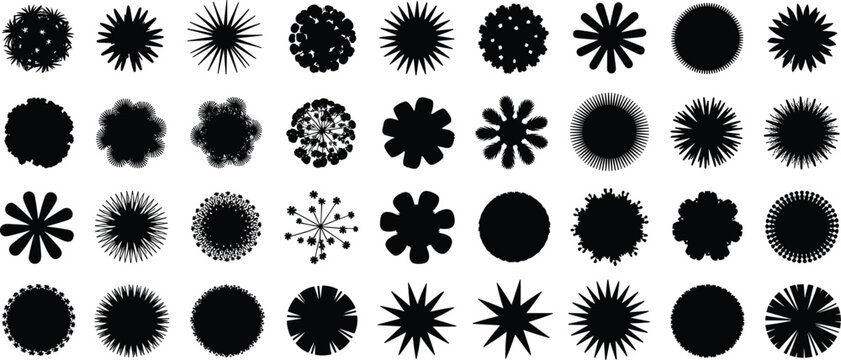 Pitch black solid silhouette set of tree top view symbols, architectural plant plan icons for landscape design and site mapping.