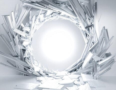 Shattered, crystalline fragments form an exploding circular portal