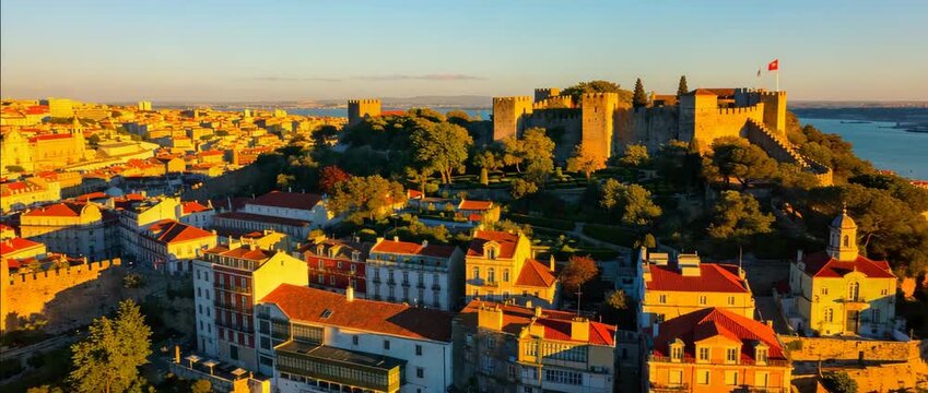 aerial view of saint george castle lisbon portugal timelapse from day to night