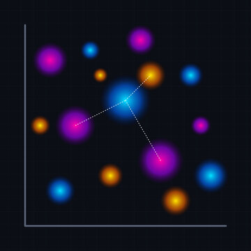 Abstract deep tech radial bubble scatter plot featuring colorful glowing data points and dashed lines.