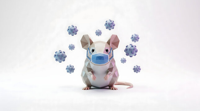 Mouse wearing face mask surrounded by virus particles