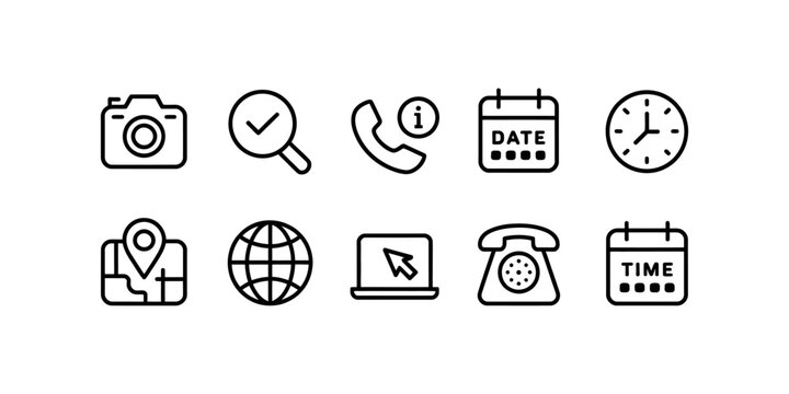 Set of ten simple black line icons including camera search phone calendar clock map globe computer and telephone for business website design Vector, illustration
