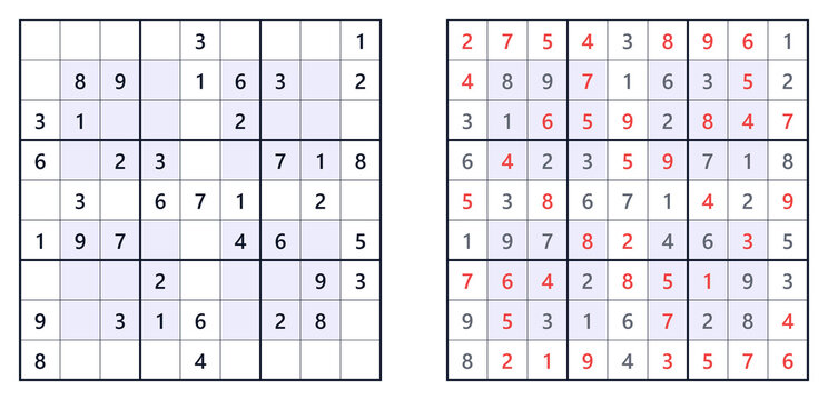 Sudoku puzzle grid with solution displayed in red numbers  