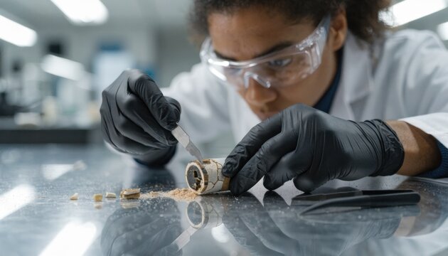 Technician carefully sections a damaged resistor under bright lab lighting to analyze internal failure points and structural defects during quality inspection.