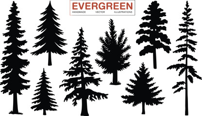 Obraz premium Set of black evergreen tree silhouettes, coniferous pine and spruce forest vector icons, handmade botanical illustrations, winter nature design elements.